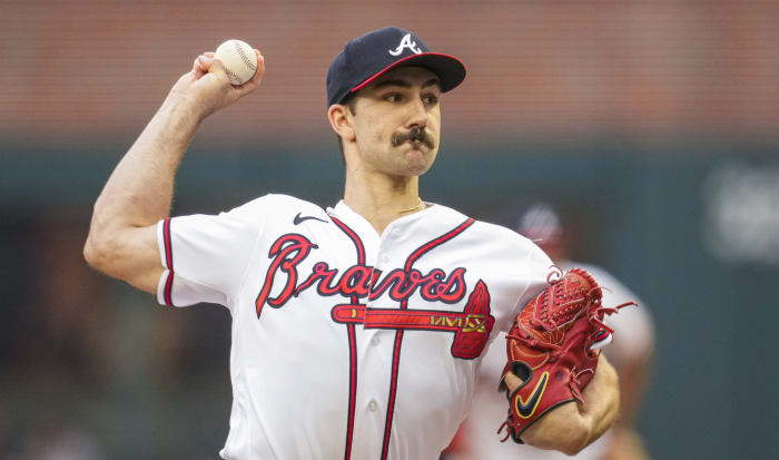 Atlanta Braves pitcher Spencer Strider was the fastest-ever to 100 strikeouts, doing it this year in just 61 innings of work: (Dale Zanine-USA TODAY Sports)
